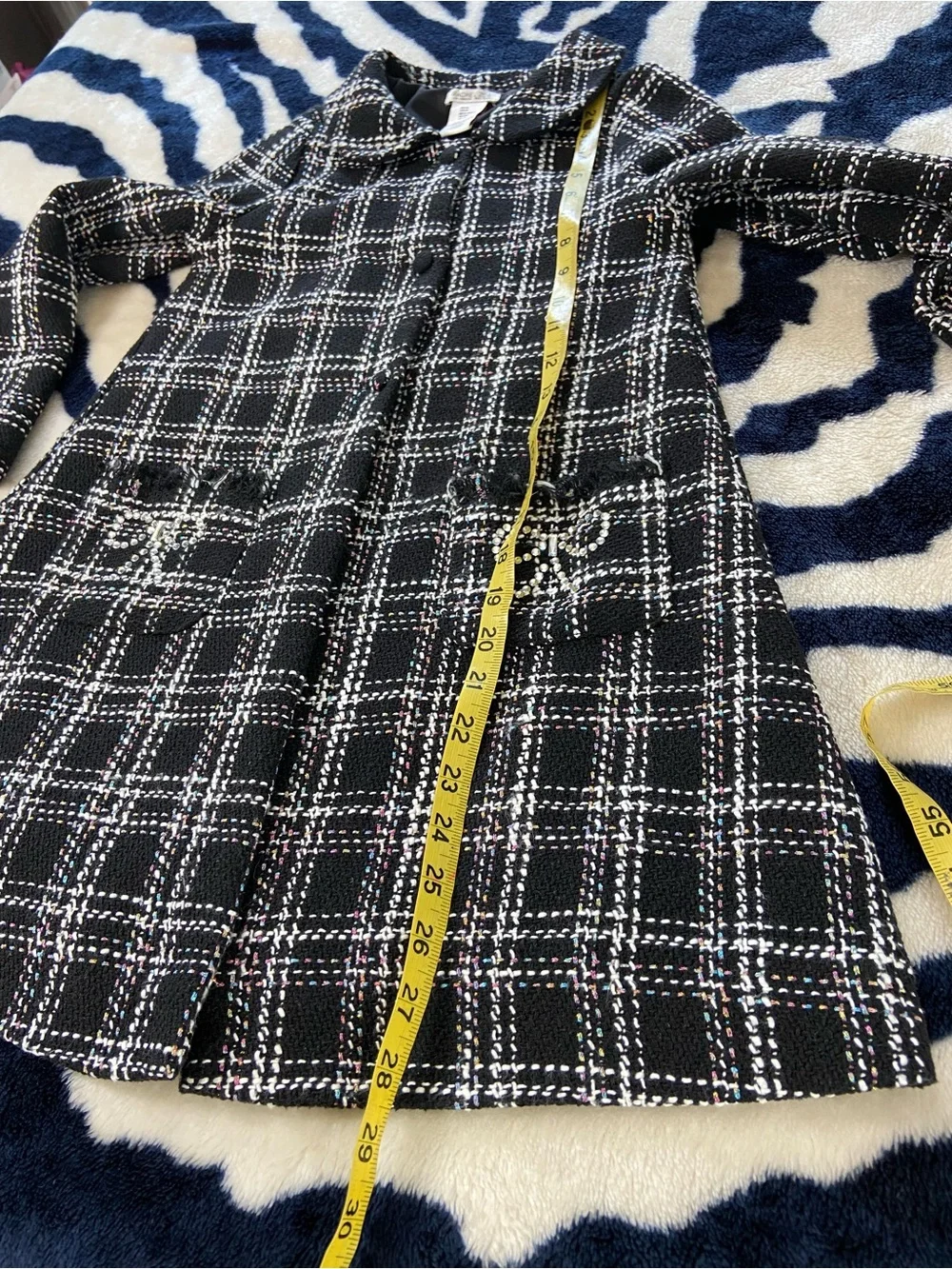 Rachel Zoe Girls Black White Plaid Tweed Bouclé Coat Metallic Peter Pan Collar